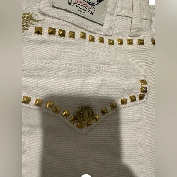 Robin’s Jeans Men’s Sz 29 Studded Gold white Designer Fashion Flap Button Wing